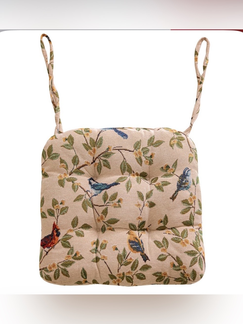 SQUARE Tufted Seat Cushion with Ties - BEIGE White Botanical